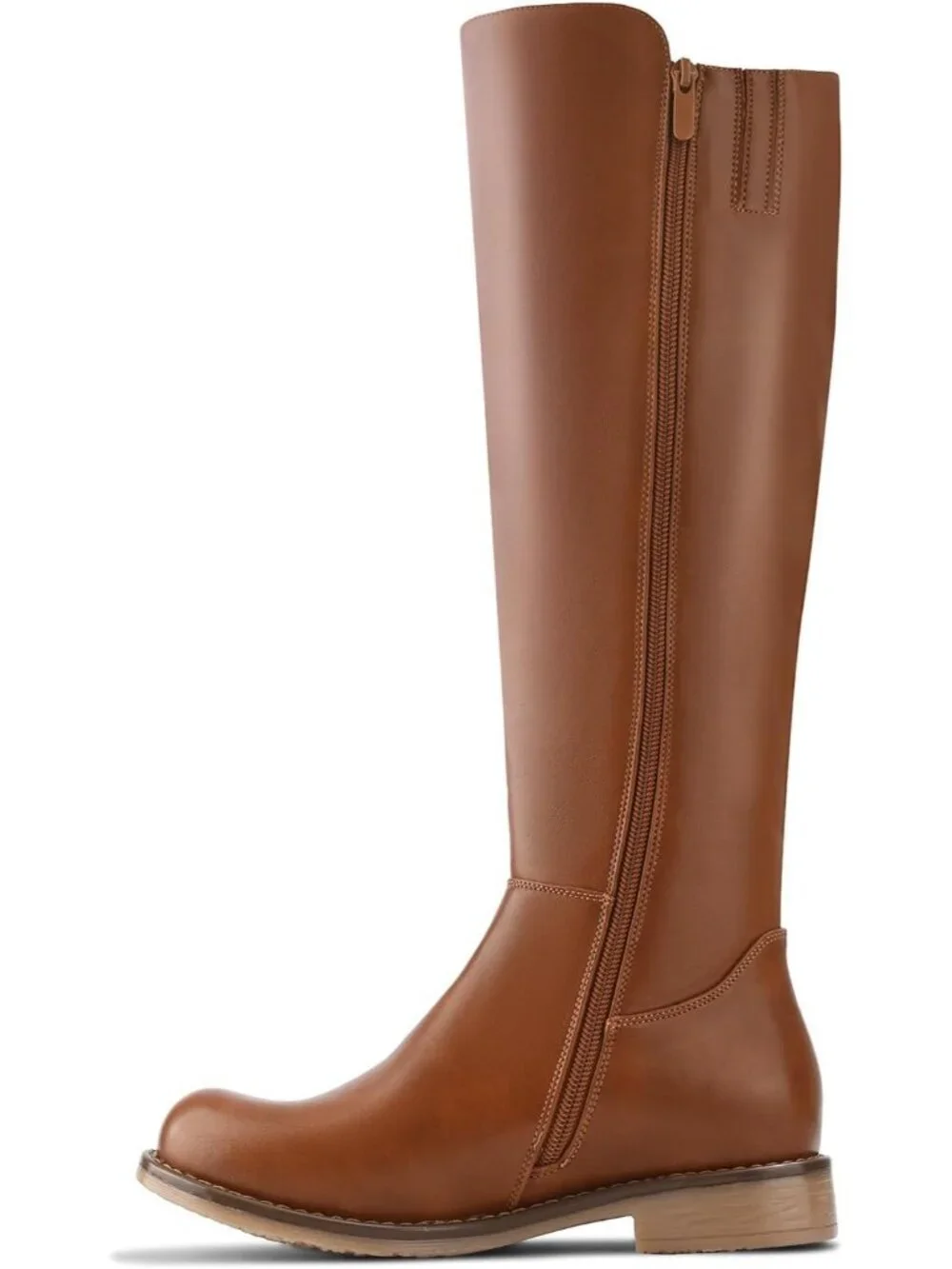 Women's  Brown Pu Knee High Boots Flat Low Heel with Side Zipper